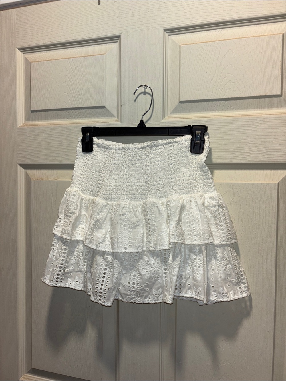 Olivaceous White Tiered Eyelet Mini Skirt